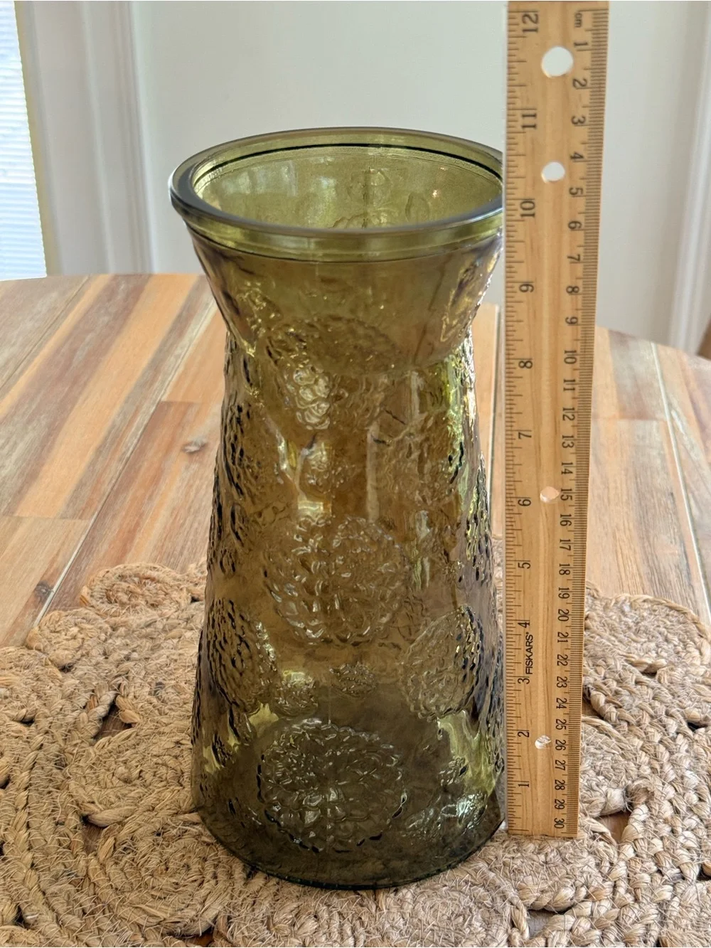 Vintage Olive Green Textured Glass Vase - Fenton Acorn 10”